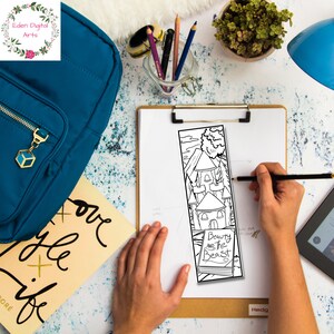 May include: A black and white printable bookmark featuring a castle and the text "Beauty and the Beast".