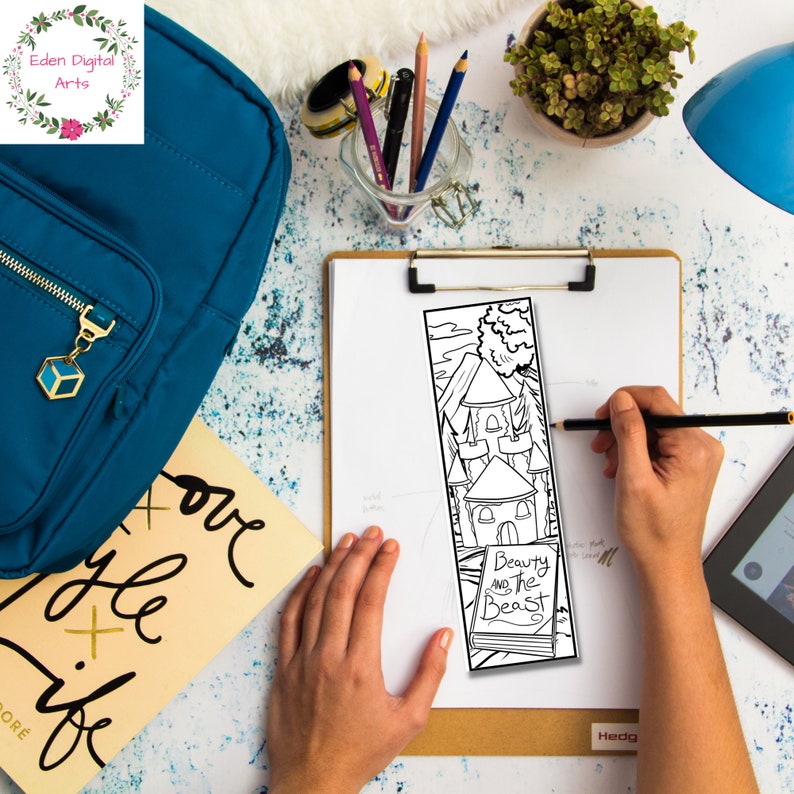 May include: A black and white printable bookmark featuring a castle and the text "Beauty and the Beast".