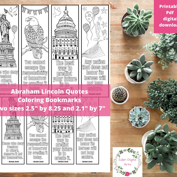 Abraham Lincoln Quotes Coloring Bookmarks, American Patriotic Liberty Activity Craft Page PDF, Veterans Military Appreciation Cards Gift Tag