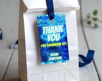 Bearbeitbare Pool Party Favor Tag Vorlage Blau Neon Glow Boy Geburtstag Geschenkanhänger Benutzerdefinierte Swim Party Dankeschön Tag Druckbare Digitaler Download PDF