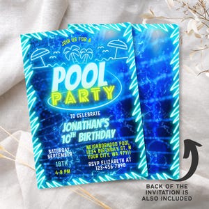 May include: Blue and yellow neon sign invitation for a pool party to celebrate a 10th birthday. The invitation says "Join us for a Pool Party to celebrate Jonathan's 10th Birthday". The invitation includes the date, time, and location of the party.