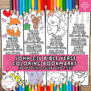 Färben Sie Ihre Lesezeichen Johannes 3,16 Liebe Bibelvers & süße Tiere, Christliche Schrift zum Ausmalen Valentinstagskarten Geschenkanhänger, Party Handwerk, PDF