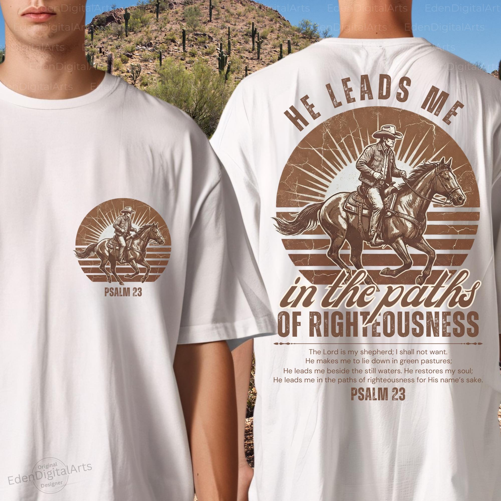 Psalm 23 Cowboy T Shirt Design PNG He Leads Me Western Christian Mens ...