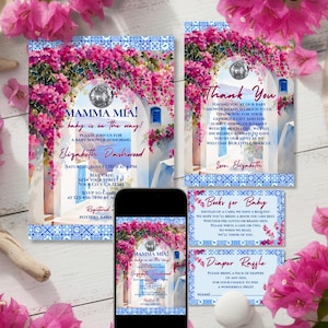 以下が含まれることがあります： 「MAMMA MIA!」をテーマにしたベビーシャワーの招待状セット。ピンクの花、青いアクセント、そして「baby is on the way!」のテキストが特徴のフローラルアーチのデザイン。サンキューカード、本の依頼、おむつラッフルカードが含まれています。