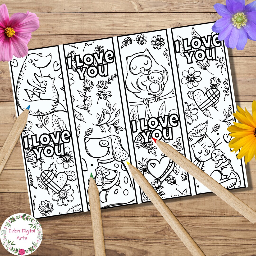 I Love You Mom Dad Cards Coloring Bookmarks Cute Animal Babies for Kids ...