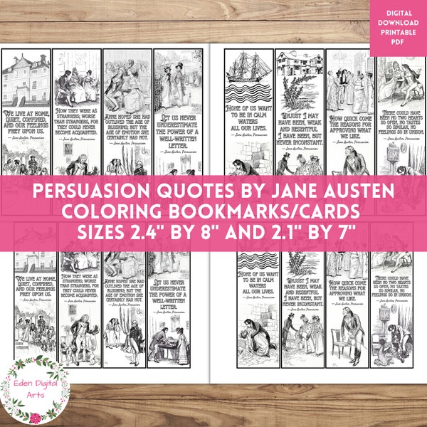 Persuasion Quotes by Jane Austen Coloring Bookmarks, Literary DIY Gift Tags Cards, Book Club Classroom Library Colouring Activity, PDF