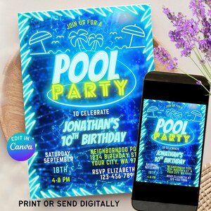 May include: A blue and green digital invitation for a pool party to celebrate Jonathan's 10th birthday. The invitation features a neon sign that says "Pool Party" and includes details about the date, time, and location of the party. The text "RSVP Elizabeth 123-456-789" is included at the bottom of the invitation.