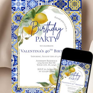 Editable Italian Blue Tile Lemons Birthday Invitation Template Summer Citrus Amalfi Coast Theme Birthday Party Invite Instant Download Evite