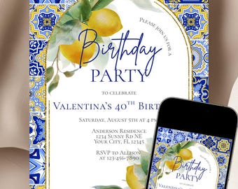 Editable Italian Blue Tile Lemons Birthday Invitation Template Summer Citrus Amalfi Coast Theme Birthday Party Invite Instant Download Evite