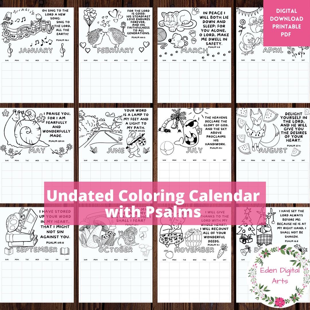 Psalms Bible Verses Undated Calendar for Kids to Color, Memorize ...