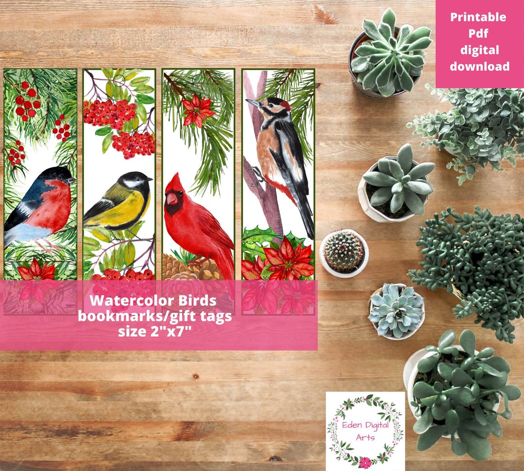Winter Christmas Birds Bookmarks Gift Tags, Watercolor Red Berries ...