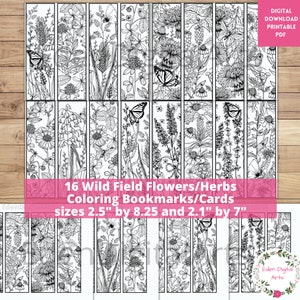 Field Wild Flowers Herbs Coloring Bookmarks or Cards, Relaxing Botanical Floral Meadow, Cottage Core Medicinal Plants Butterflies Bugs PDF