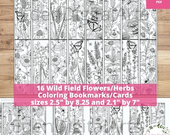 Wildflower Herb Coloring Bookmarks Botanical Floral Meadow Color Your Cards Medicinal Plants Butterflies Bugs Book Markers Gift for Her PDF