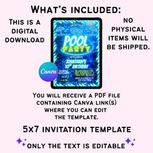 May include: A digital download for a pool party invitation template. The template features a blue and neon green design with the text "Pool Party" and "Jonathan's 10th Birthday". The text is editable.