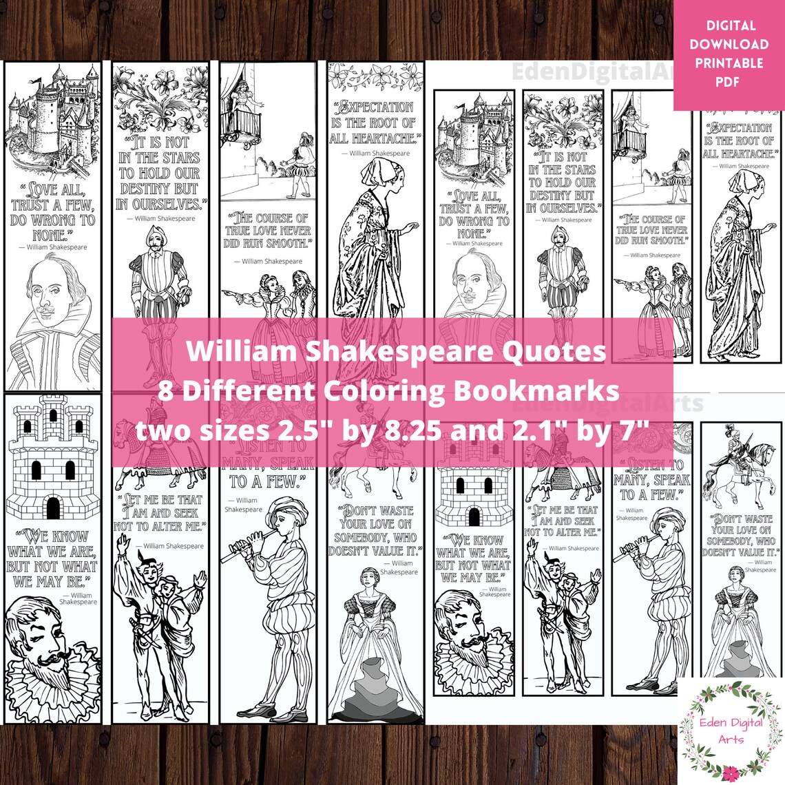 Shakespeare Quotes 8 Coloring Bookmarks, Literary DIY Gift Tag, Novel ...