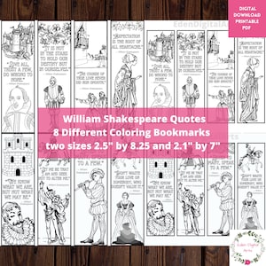 Shakespeare Quotes 8 Coloring Bookmarks, Literary DIY Gift Tag, Novel Book Club Class Activity Craft Pages, Classic Literature Wisdom PDF