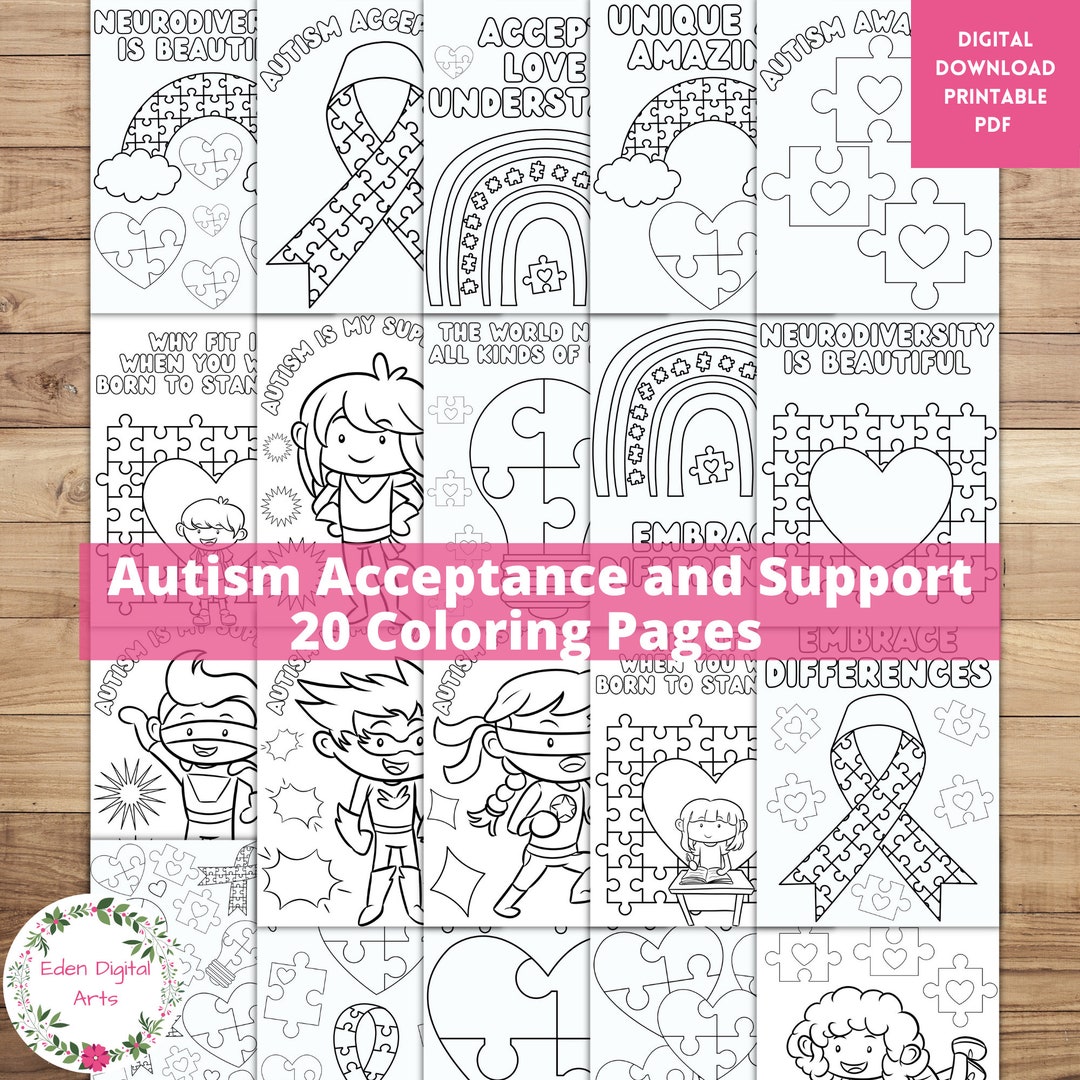 Autism Acceptance Support Love 20 Coloring Pages, Autistic Kids Parents