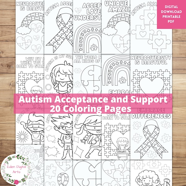 Autism Acceptance Support Love 20 Coloring Pages, Autistic Kids Parents Family, Awareness Activity Classroom Craft Posters, Printable PDF