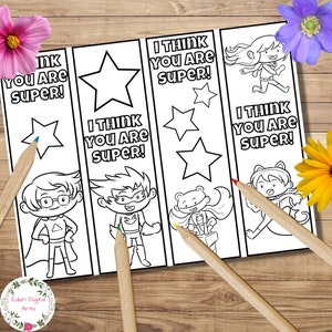 Superheld kleurbladwijzers, schattige Kawaii vriendelijkheidskaarten Je bent superheld, afdrukbare Party Class Kids Valentines Craft, DIY Gift Tag
