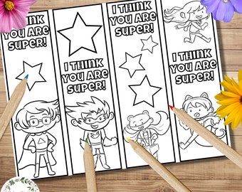 Superhero Coloring Bookmarks Party Favor Cute Kawaii Kindness DIY Cards You Are Super Hero Printable Classroom Craft