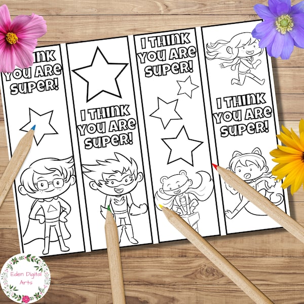 Superhero Coloring Bookmarks, Cute Kawaii Kindness Cards You Are Super Hero, Printable Party Class Kids Valentines Craft, DIY Gift Tag