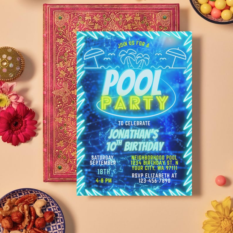 May include: A blue and yellow neon sign invitation for a pool party to celebrate Jonathan's 10th birthday. The invitation includes the date, time, and location of the party.