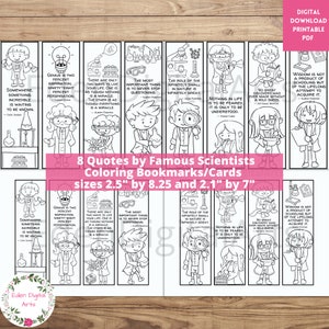 Marcadores de ciencias para colorear para niños con citas de científicos, manualidades escolares, lindas tarjetas kawaii para ferias de ciencias, PDF imprimible, regalos para la clase y recompensas.
