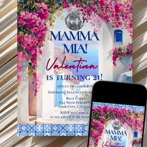 Mamma Mia Birthday Invitation Template for Women Editable Dancing Queen Disco Party Invite Mama Mia Blue Pink Floral Greek Island Invite PDF