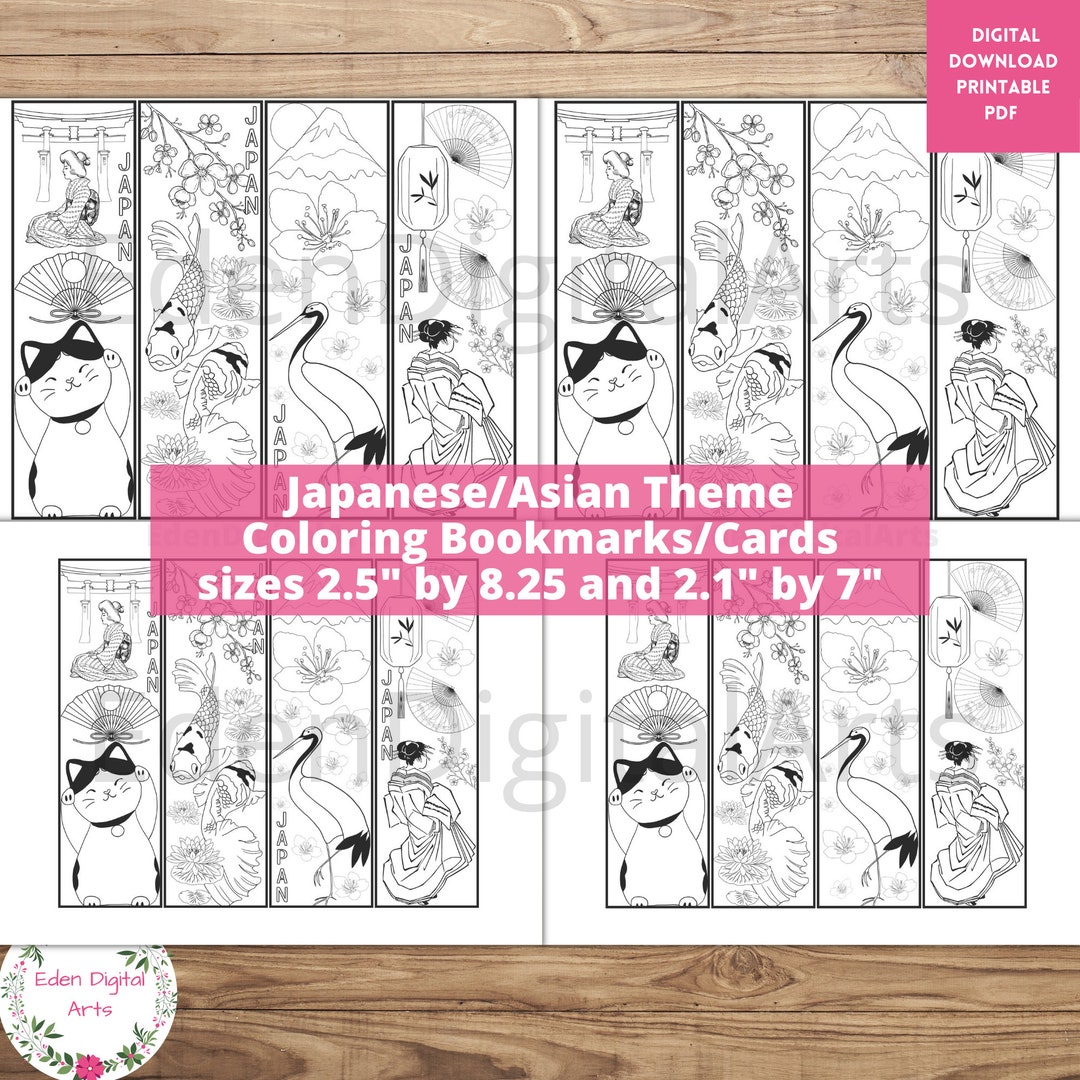 Asian Japanese Theme Coloring Bookmarks, AAPI Heritage DIY Craft Cards