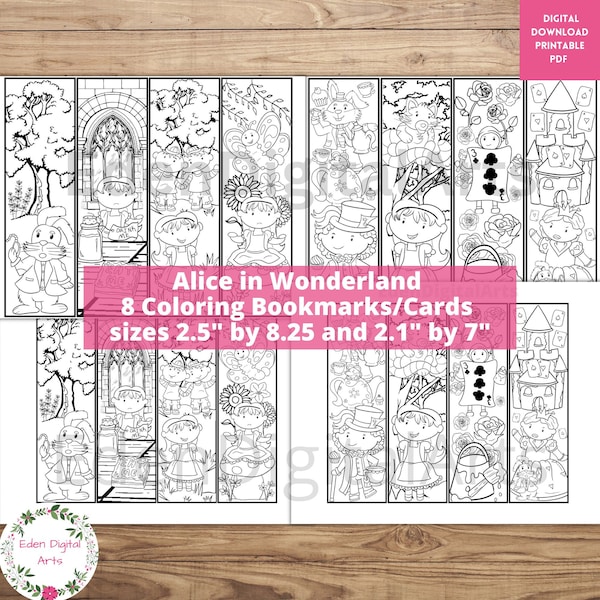 Alice in Wonderland Coloring Bookmarks for Kids, Book Club Students Cards, Kawaii Tea Party Favors Relaxing Activity Craft, DYI Gift Tags