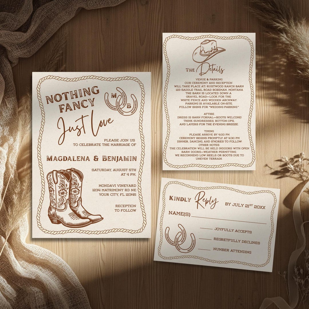 Western Wedding Invitation Suite Template Editable Nothing Fancy
