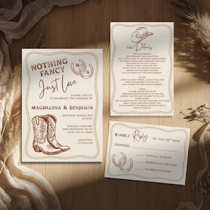 May include: A set of three cream-colored wedding stationery cards featuring brown western-themed illustrations of cowboy boots, horseshoes, and a cowboy hat, all framed by a rope border with printed text details for a marriage celebration.