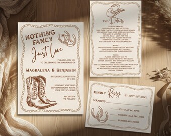 May include: Tan wedding invitation suite with a rustic theme. The invitation features text, cowboy boots, and horseshoes. The details card includes a cowboy hat graphic. The RSVP card has horseshoe graphics.