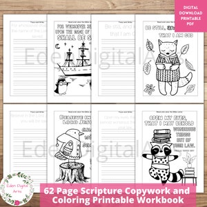 Cuaderno de ejercicios para copiar versículos bíblicos para escribir y colorear en casa. Actividad de escritura cristiana para que los niños memoricen versículos.