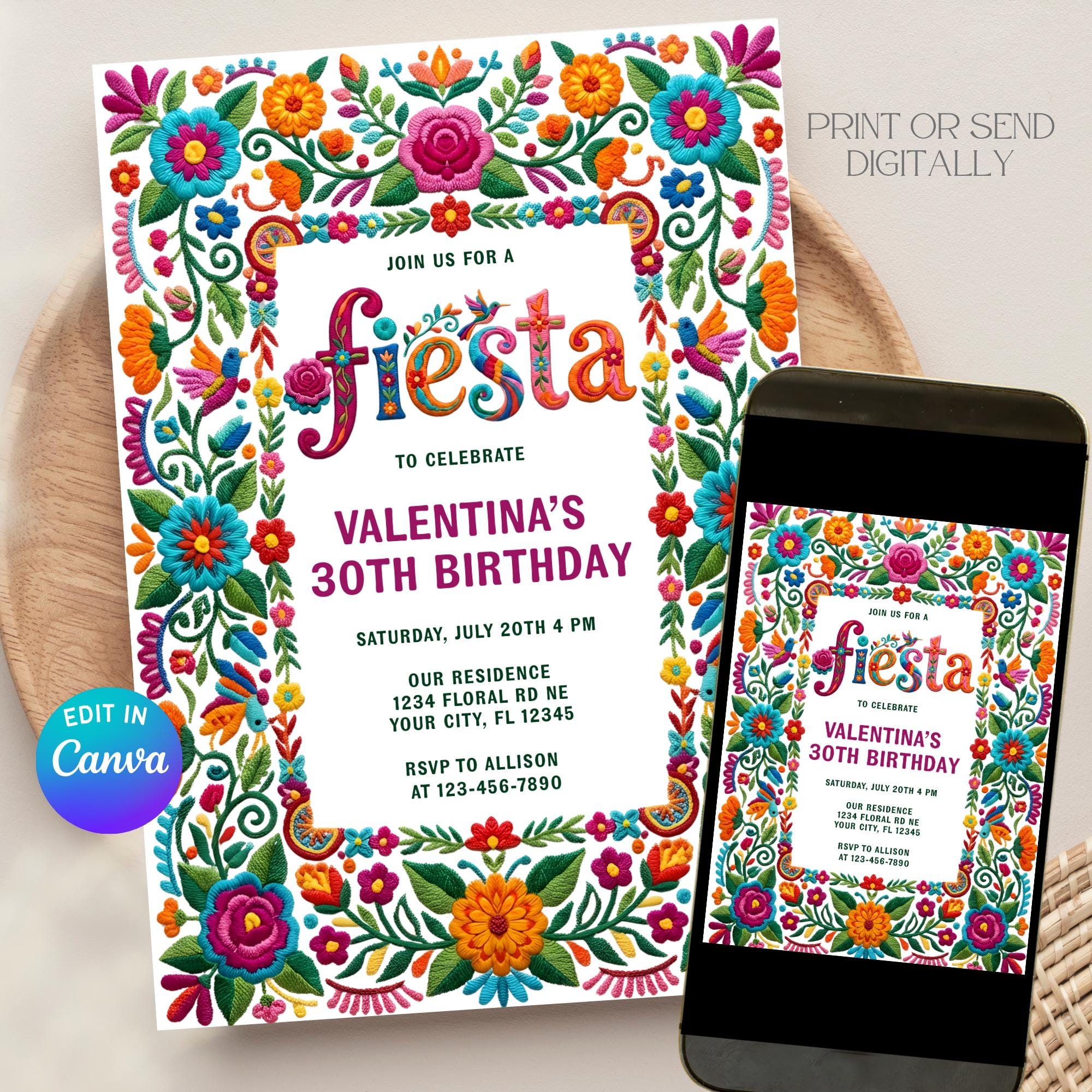 Colorful Fiesta Birthday Invitation Template Canva Editable Floral Folk ...