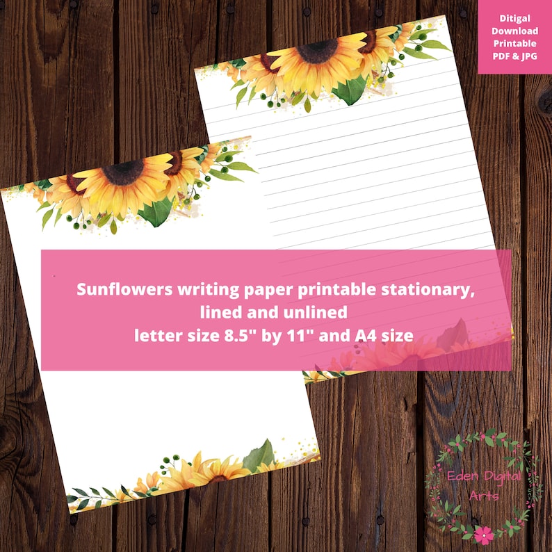 Sunflowers Writing Paper Printable Stationary Lined and Blank | Etsy