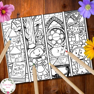 May include: Four black and white printable bookmarks featuring scenes from the fairy tale Beauty and the Beast. The bookmarks include a castle, a girl holding a book, a teapot and a cup, and a clock.