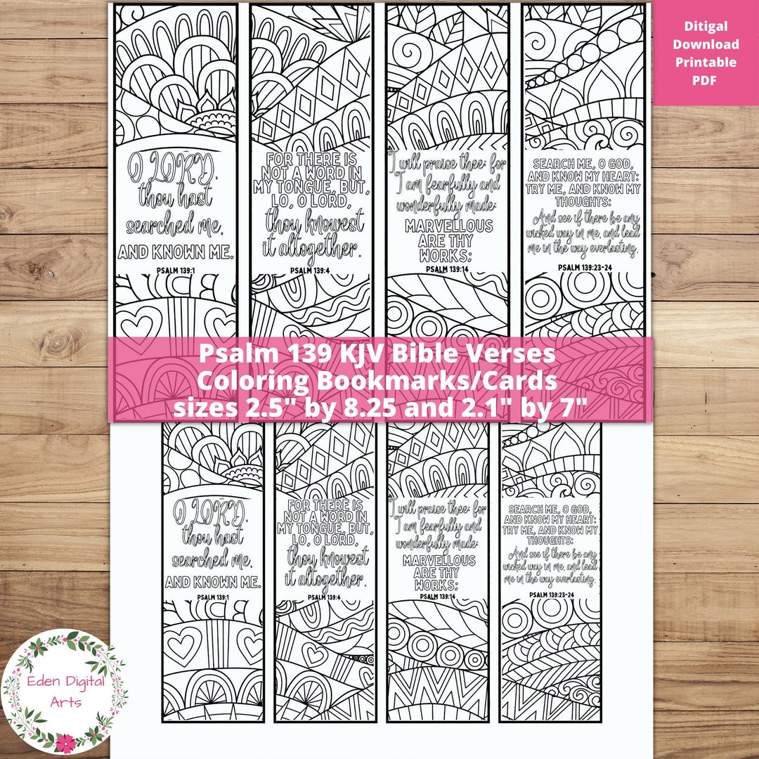 Bible Verses Psalm 139 Coloring Bookmarks, KJV Scripture Christian Relaxing Doodle Prayer ...