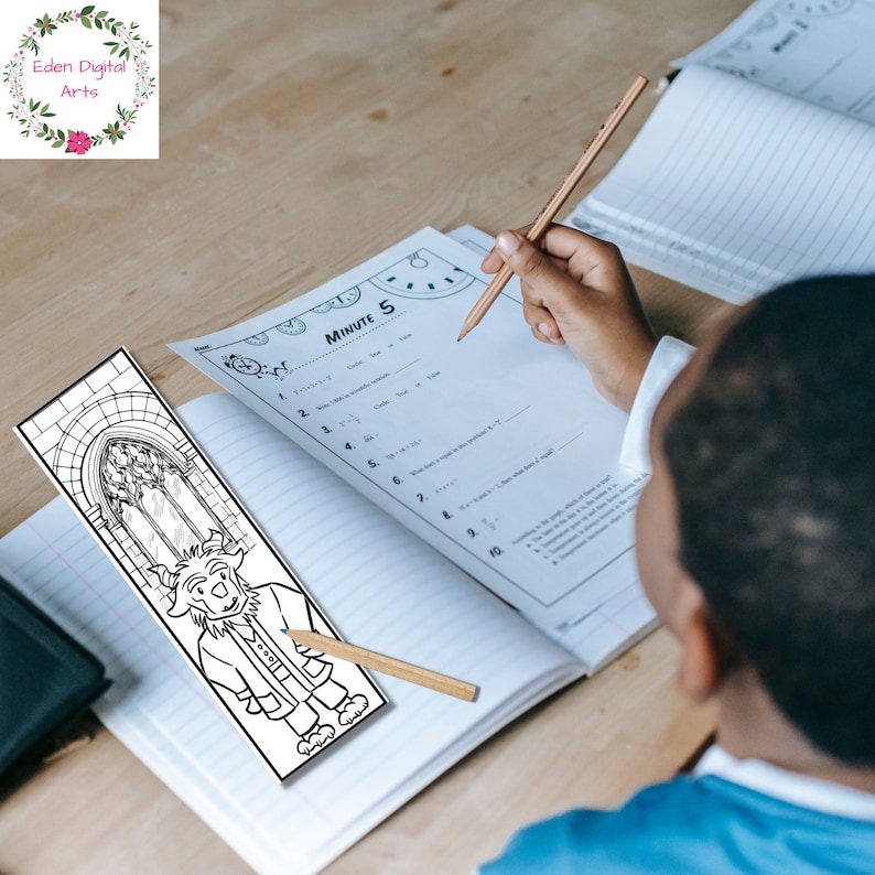 May include: A black and white colouring page bookmark featuring a cartoon character with horns and a crown. The bookmark is shaped like a long rectangle and has a decorative border. The text "MINUTE 5" is visible on the page.