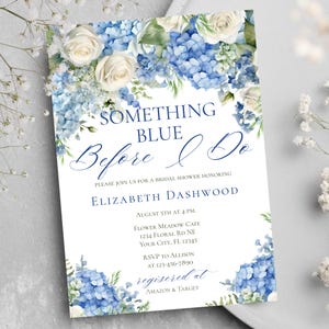 Editable Something Blue Hydrangea Flowers Bridal Shower Invitation Template Elegant Blue Floral Bridal Shower Invite Canva Digital Download