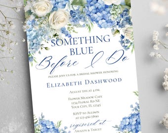 Editable Something Blue Hydrangea Flowers Bridal Shower Invitation Template Elegant Blue Floral Bridal Shower Invite Canva Digital Download