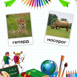 May include: Two flashcards with pictures of animals. The first card shows a cheetah in a grassy field with the word "cheetah" written below. The second card shows a rhinoceros in a grassy field with the word "rhinoceros" written below.