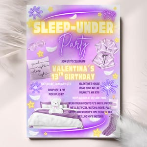 Sleep Under Birthday Party Invitation Template Girl Slumber Sleepover Party Invite Neon Glow Purple Tween Girl Spa Pajama Party Evite