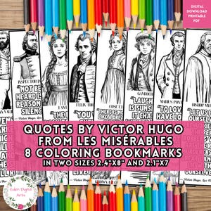 Les misérables citations de Victor Hugo signets à colorier, personnages littéraires, activité de bibliothèque en classe de club de lecture, cartes à faire soi-même, PDF