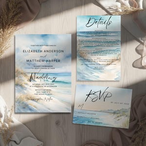 Puede incluir: Conjunto de invitaciones de boda con temática de playa, con ilustraciones de acuarela. El conjunto incluye una invitación, una tarjeta de detalles y una tarjeta de confirmación de asistencia. La invitación incluye los nombres de Elizabeth Anderson y Matthew Harper y los detalles de la boda.