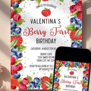 Berry First Birthday Invitation Template Editable Canva Colorful Mixed Berry Party Invite Girl 1st Birthday Strawberry Blueberry Digital PDF
