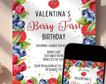 Beere Erster Geburtstagseinladung Vorlage Bearbeitbar Canva Bunte Gemischte Beere Party Laden Mädchen zum 1. Geburtstag Erdbeere Blaubeere Digitale PDF ein