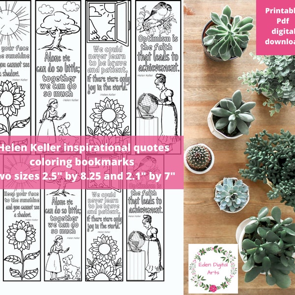 Helen Keller Inspirational Quotes Coloring Bookmarks, Encouraging Women Literary Classroom Activity Craft PDF, Disability Awareness Study