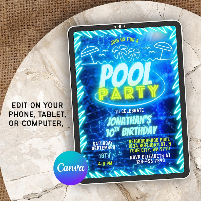 May include: A digital invitation for a pool party to celebrate Jonathan's 10th birthday. The invitation features a blue and black background with neon yellow text and graphics. The text reads "Join us for a Pool Party to celebrate Jonathan's 10th Birthday". The invitation also includes the date, time, and location of the party.