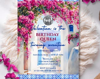 Editable Birthday Queen Teen Girl Invitation Template Mamma Mia Greek Island Theme Birthday Party Invite Watercolor Floral Blue Tiles Evite